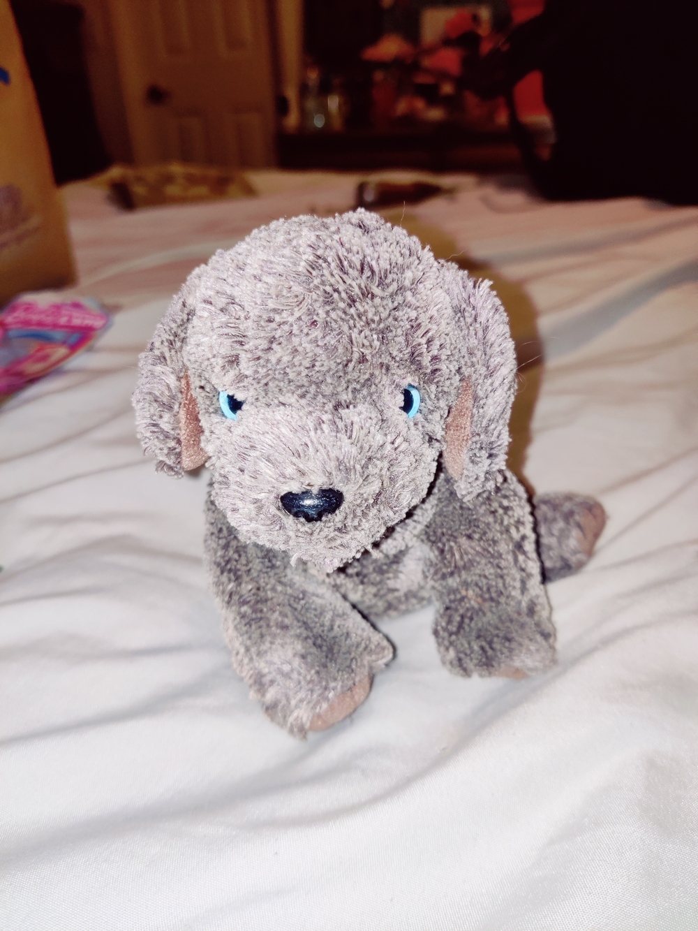 Gray Plush Puppy Stuffed Animal with Blue Eyes